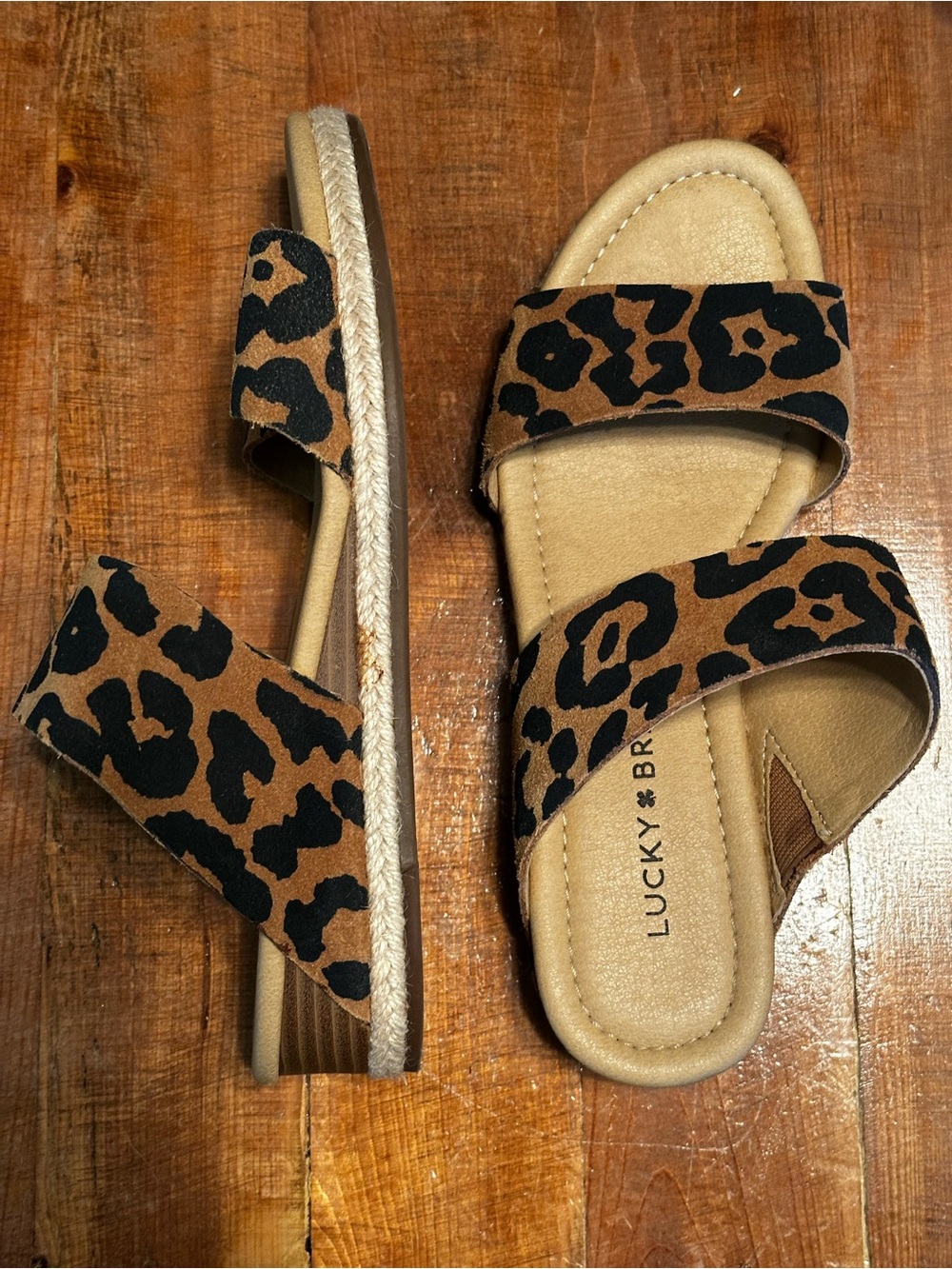 Lucky Brand Leopard Print Double-Strap Slide Sandals - Brown/Black